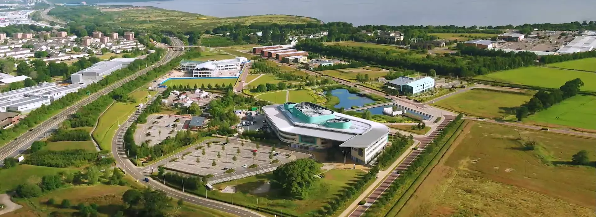 Aerial image above inverness campus buildings